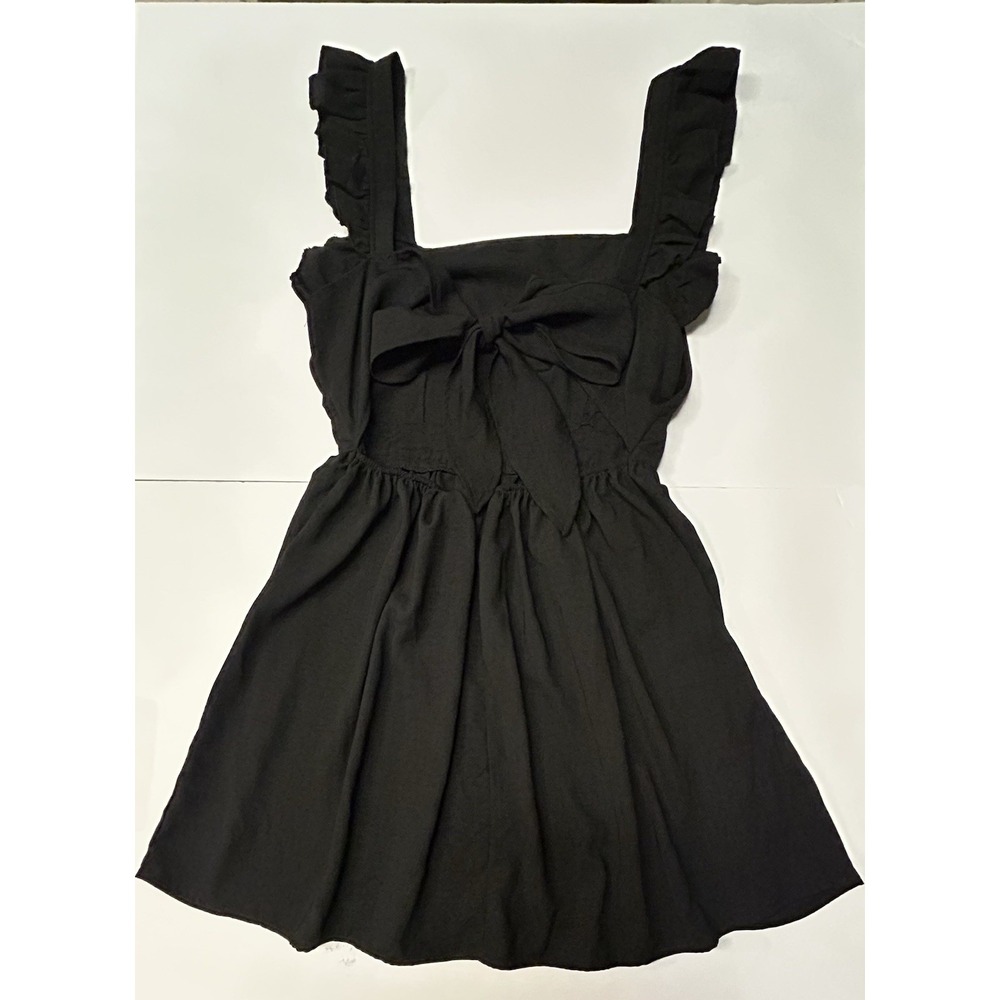 Women's Tie Back Ruffle Strap A‎ Line Fit and Flare Dress- Black Medium - Picture 9 of 14